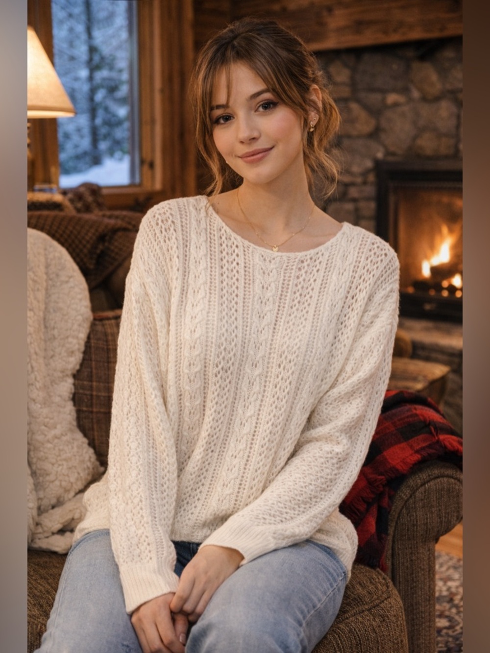 Ces Femme -Cream Open-Knit Crewneck Sweater Size XS